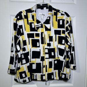Joseph Ribkoff Jacket Women's 18 Black Yellow Geometric Zip Front Knit Collared